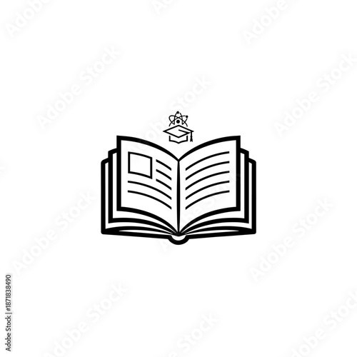 Open book with graduation cap on top in simple line art style with black and color scheme on plain for education logo isolated on a transparent background