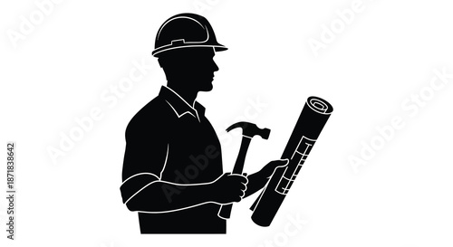 Silhouette of a construction worker holding blueprints and tools