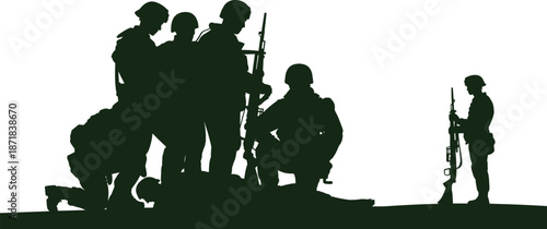 Silhouettes of seven soldiers in varied poses with rifles, symbolizing military aid, camaraderie, and tactical readiness in green illustration.