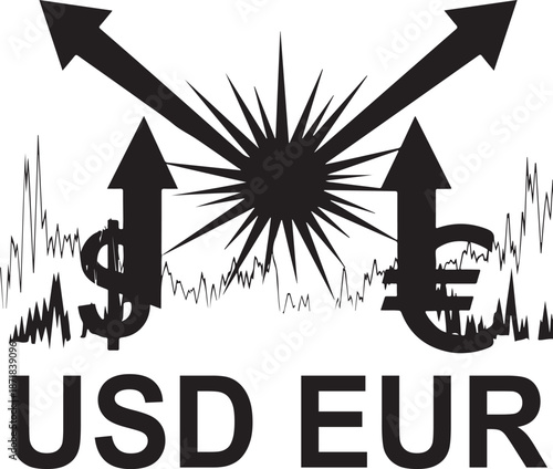 USD EUR Currency Explosion Star Burst with Charts Silhouette Vector Icon