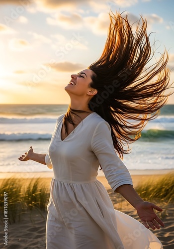 Womans Joyful Dance on the Beach at Sunset.