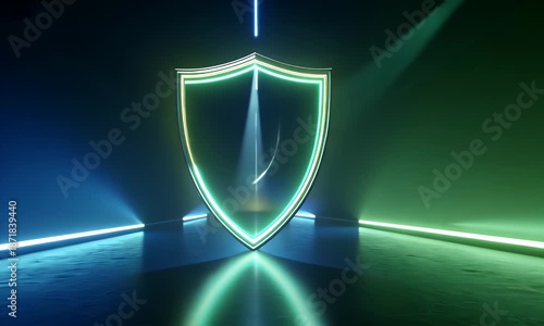 Futuristic glowing shield symbol illuminated by neon lights in a dark environment with reflections on a wet surface