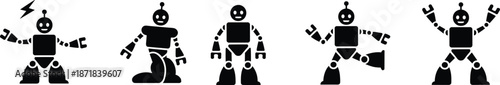 Cute robot silhouettes set showing cartoon robots in different poses, playful technology characters, artificial intelligence mascot icons vector isolated on white background