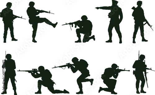 Military soldier action silhouettes set showing armed troops in combat poses, tactical movement, aiming and command gestures, modern warfare concept vector isolated