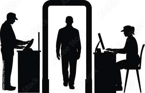 Silhouette illustration of security checkpoint with metal detector, officers, and computer station, symbolizing screening procedures in secure facilities.