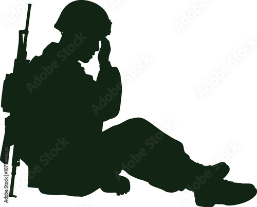 Depressed soldier silhouette illustration showing armed military man sitting in grief and stress, post traumatic stress disorder, war trauma and mental health concept vector isolated