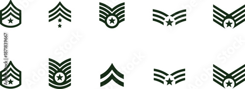 Collection of ten military rank insignias in dark green, featuring chevrons, arcs, and stars, symbolizing hierarchy and classification in armed forces.
