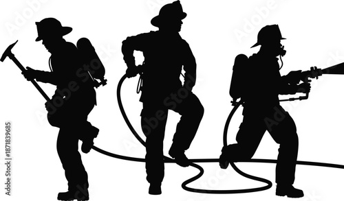 Silhouettes of three firefighters in action with hoses and tools, symbolizing emergency response, teamwork, and bravery in black illustration.
