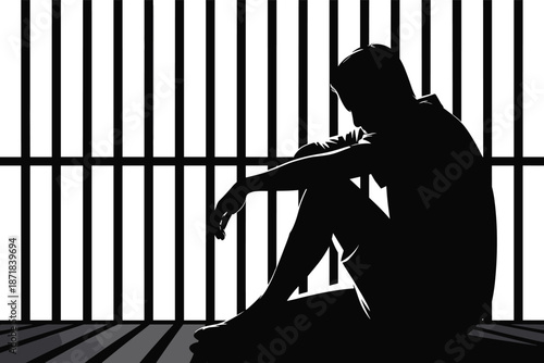 Lonely prisoner silhouette illustration sitting behind jail bars, depression, isolation and loss of freedom concept, criminal justice and incarceration vector isolated on white background