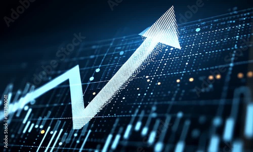 Digital abstract financial chart with an upward trending arrow and glowing data points representing growth and positive market performance in a dark blue futuristic setting