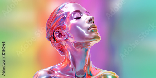 Futuristic Iridescent Sculpture of Person in Profile View with Dynamic Color Reflections and Smooth Metallic Surface Texture 