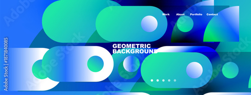 Abstract geometric shapes, vibrant blues, greens dominate design. Text includes work, about, portfolio, contact options.
