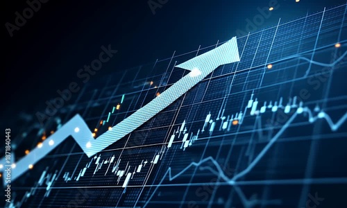 Digital financial graph displaying an upward trend with a bright blue arrow indicating growth and success against a dark grid background