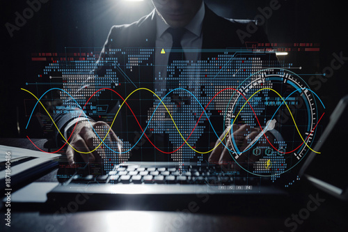 Wallpaper Mural Businessman Using Laptop with Futuristic Data Visualization and World Map Display in Dark Office Setting Torontodigital.ca
