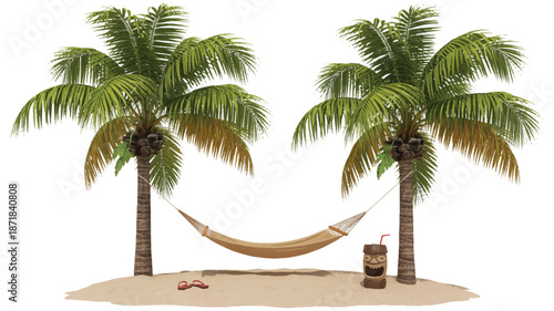 A digital illustration of a tropical beach scene with two tall palm trees with brown trunks and vibrant green fronds_traced