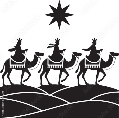 Silhouette Three Kings on Camels with Bethlehem Star – Nativity Epiphany Desert Scene Vector