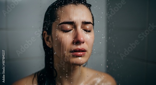 Womans Serene Moment - Cleansing and Reflection in the Shower.