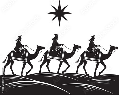 Silhouette Three Kings on Camels with Bethlehem Star – Nativity Epiphany Desert Scene Vector