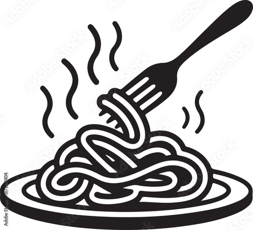 Simple black and white icon of steaming spaghetti on a plate with a fork