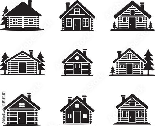 snowy cabin simple vector icon set. christmas silhouette icons on black color and white background.