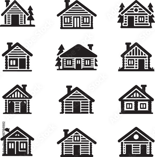 snowy cabin simple vector icon set. christmas silhouette icons on black color and white background.
