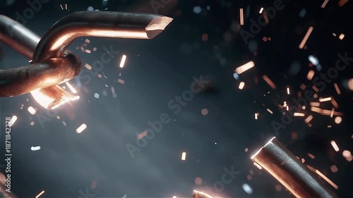 Broken chain unleashing sparks and fierce energy concept. Broken steel chain releasing sparks symbolizing freedom and inner power.