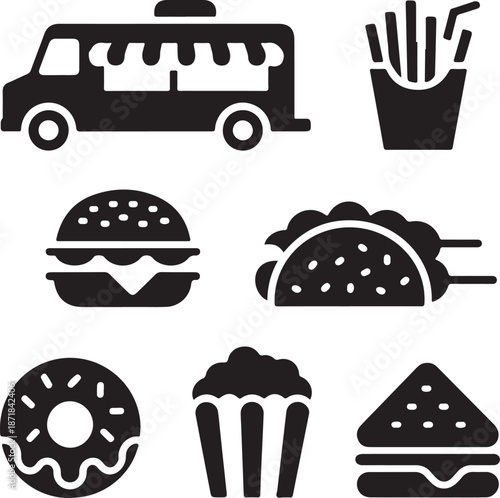 Street food silhouette icon set. Food truck, burger, fries, taco icons silhouette collection
