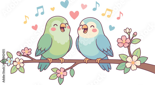 Cute Singing Lovebirds on Flowering Cherry Blossom Branch Vector Illustration with Hearts and Notes
