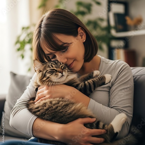 Womans Affectionate Embrace - A Heartwarming Moment with Her Beloved Cat.