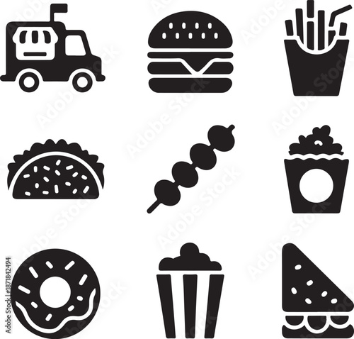 Street food silhouette icon set. Food truck, burger, fries, taco icons silhouette collection