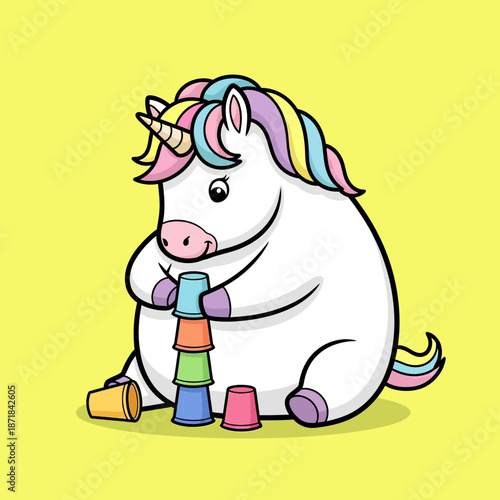 Cute Chubby Unicorn Playing with Stacking Cups.