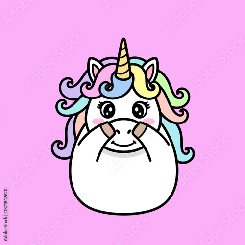 Cute Unicorn Face with Rainbow Mane and Horn.