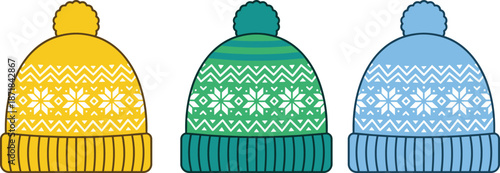 Winter knit beanie hats vector set with pom pom, colorful patterned wool caps, cozy cold weather headwear illustrations collection