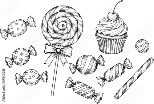 Hand drawn sweets and desserts illustration set with candies, lollipop, cupcake and sugar treats, vintage sketch style confectionery collection