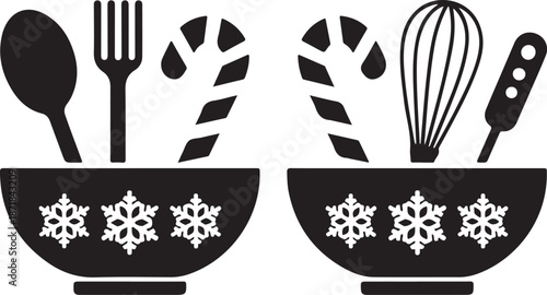 Two festive christmas baking bowls filled with utensils and candy canes silhouette