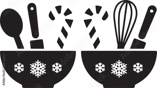 Two festive christmas baking bowls filled with utensils and candy canes silhouette