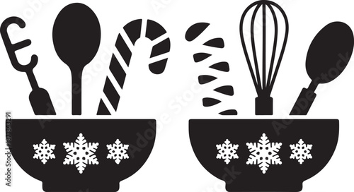 Two festive christmas baking bowls filled with utensils and candy canes silhouette