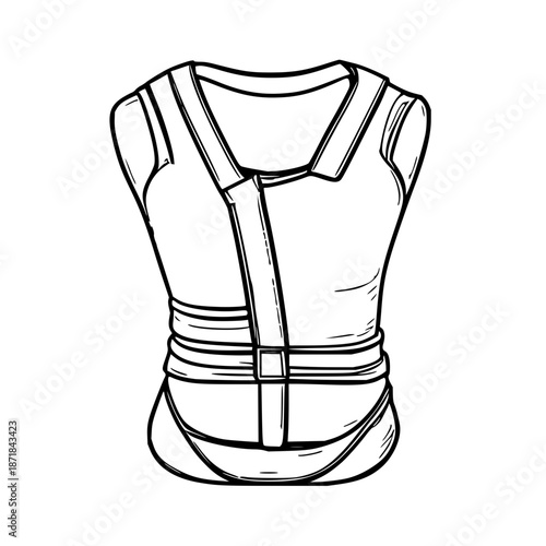 Discreet posture corrector back brace vector illustration in minimalist black line art on stark white background for ergonomic support and visuals