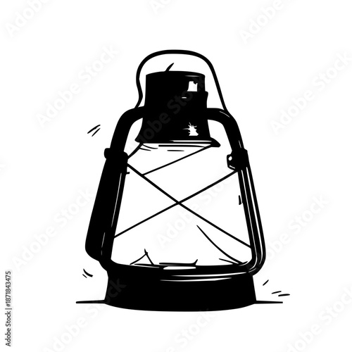 Modern camping lantern in minimalist black line art on stark white background, clean vector illustration for outdoor gear branding and product design