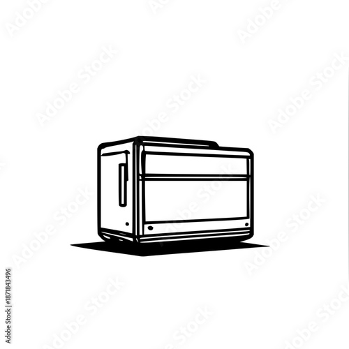 Minimalist portable outdoor power station vector illustration in black line art on white background, compact energy storage for camping.
