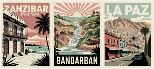 Retro travel poster triptych featuring Zanzibar Stone Town Bandarban and La Paz in muted colors with bold typography and classic vintage style.