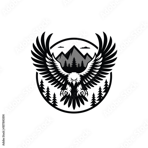 Majestic eagle with outstretched wings against a mountain and forest backdrop