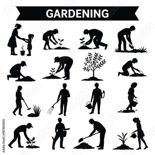 Gardening activities depicted in silhouette planting watering and tending to plants