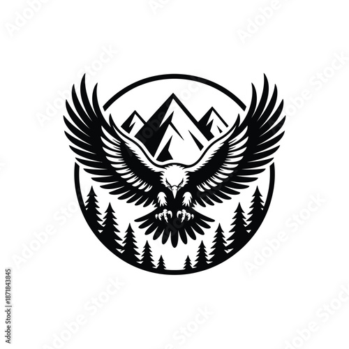 Majestic eagle with spread wings framed by mountains and forest trees