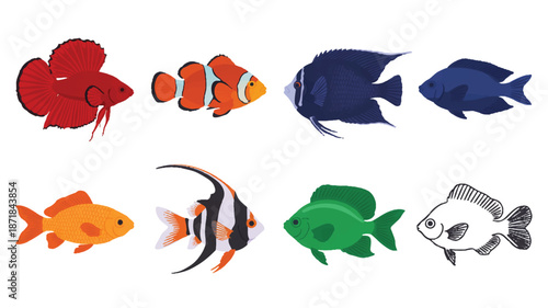 A flat, minimalist illustration of eight different tropical fish arranged in two rows against a white background (4)_traced