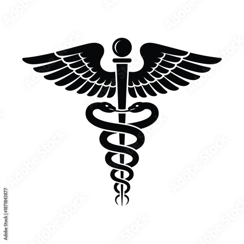 A striking black and white depiction of the caduceus symbol of medicine