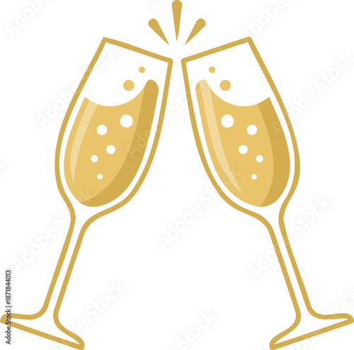 Minimalist Vector Illustration of Two Champagne Flutes Clinking in a Celebration Toast on White Background