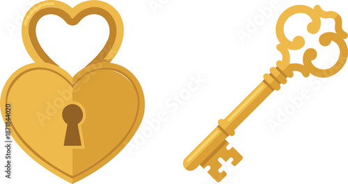 Golden heart shaped padlock and vintage skeleton key vector illustration for love and security concepts.