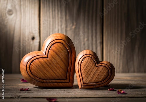 Wooden Hearts on Rustic Wood Background - Love and Affection.