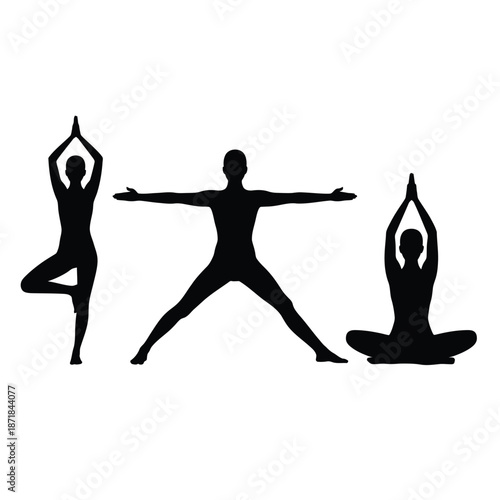 Silhouettes of people practicing yoga poses tree warrior and lotus